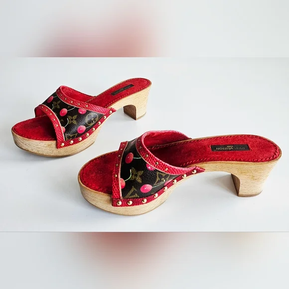 Louis Vuitton Red Cherry Takashi Murakami Monogram Wooden Clogs Mules EU 36.5